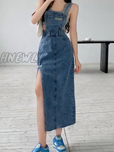 Hnewly Korea Fashion Suspender Skirt Women’s Vintage Slim Long Denim Skirts Sexy Blue Midi
